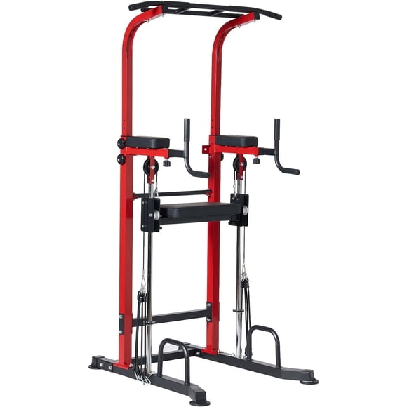 Soges Barre de Traction, Tour d'Alimentation à 10 Hauteurs Réglables, Station de Trempage pour Améliorer la Condition Physique, Machine d'Entraînement Multifonction avec Support d'Alimentation pour Entraînement de Force à la Maison, Équipement d'Exercice de Mise en Forme, Rouge