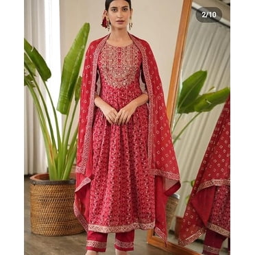 Aizza Trends Women's Cotton Febric Embrodiery Work Nayra Cut Kurti Pant and Dupatta Set