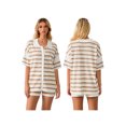 thumbnail image 3 of FOCUSNORM Women Pajamas Set 2 Pieces Loungewear Suits Stripe Contrast Color Button Crochet Knit Tops and Shorts Lounge Sets, 3 of 9