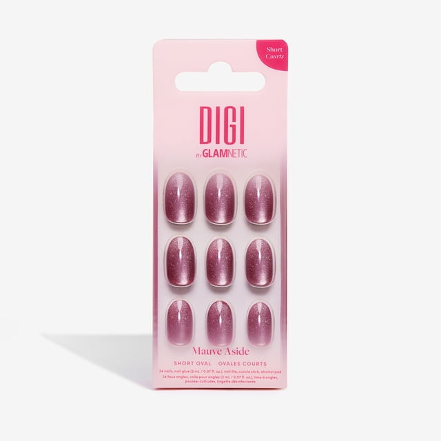 Digi by Glamnetic Ongles Mauves Aside à Presser Comprenant 24 Ongles Ovales Courts dans une Teinte Mauve Atténuée avec une Finition Scintillante en Velours Lustré, Présentés dans un Emballage Dégradé Rose avec logo de Marque et Détails du Produit, Convenant à une Mise en Valeur Rapide et durable des Ongles.