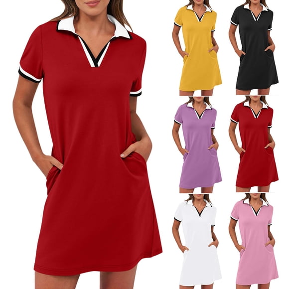 Meichang Women's Summer Dresses Lapel V Neck Short Sleeve Tennis Golf Mini Shirt Dress with Pockets