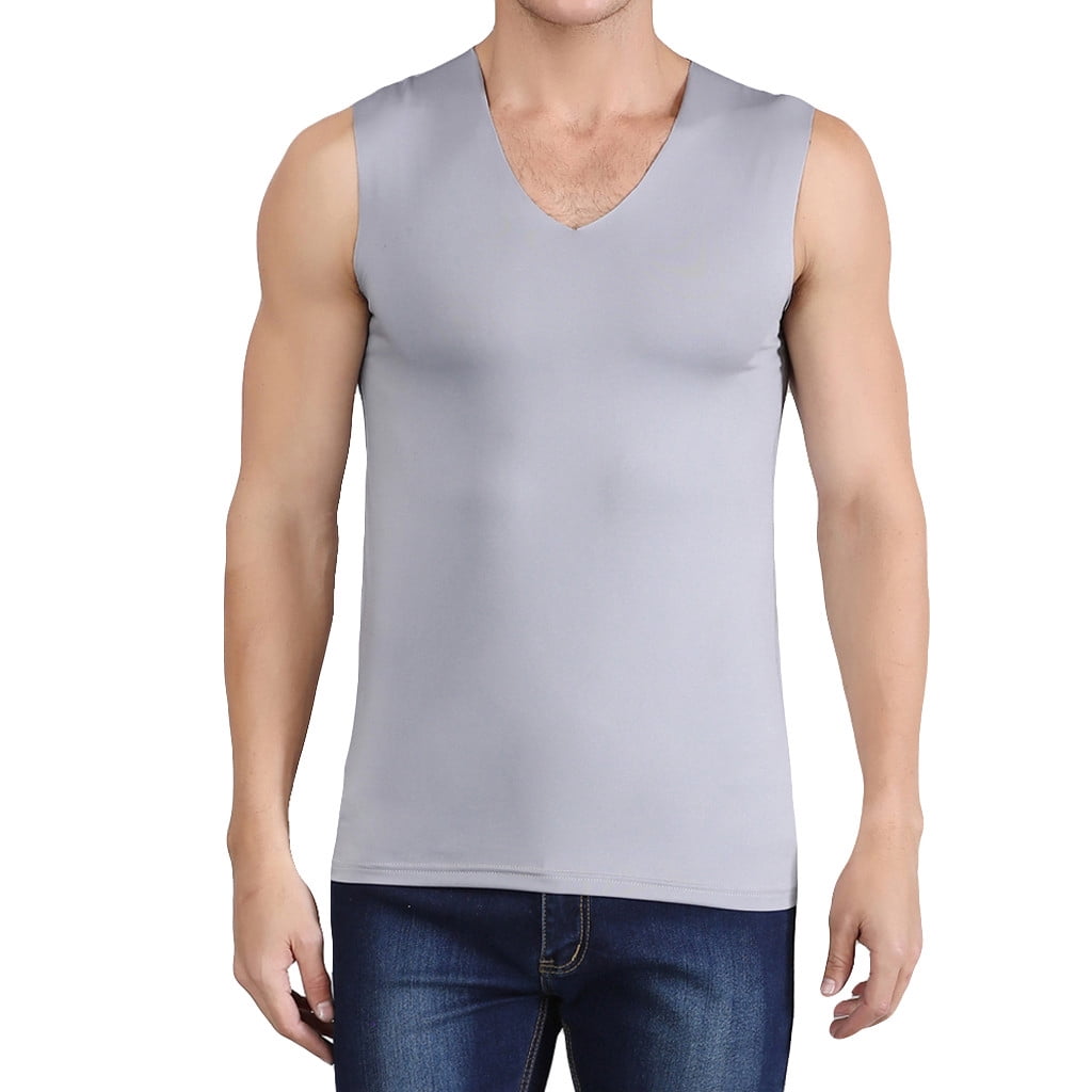 Mens Summer Ice Silk Traceless Thin Breathable Pure Color V-neck Sleeveless Top