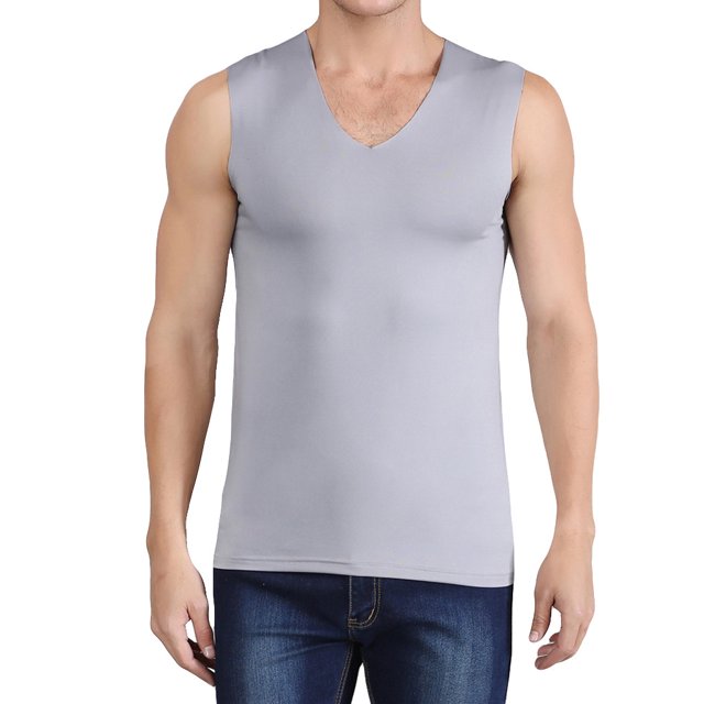 Mens Summer Ice Silk Traceless Thin Breathable Pure Color V-neck Sleeveless Top