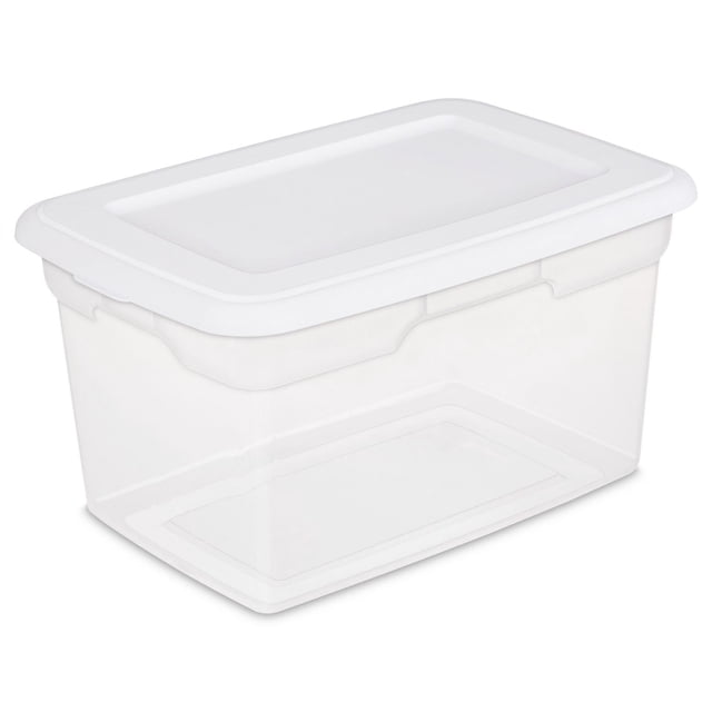 Sterilite 18.9 Liter White Storage Box with a clear base for easy content viewing and an opaque white snap-on lid, featuring carry-through handles and a recessed lid for secure stacking, made of durable BPA- and phthalate-free plastic, ideal for organizing household items.