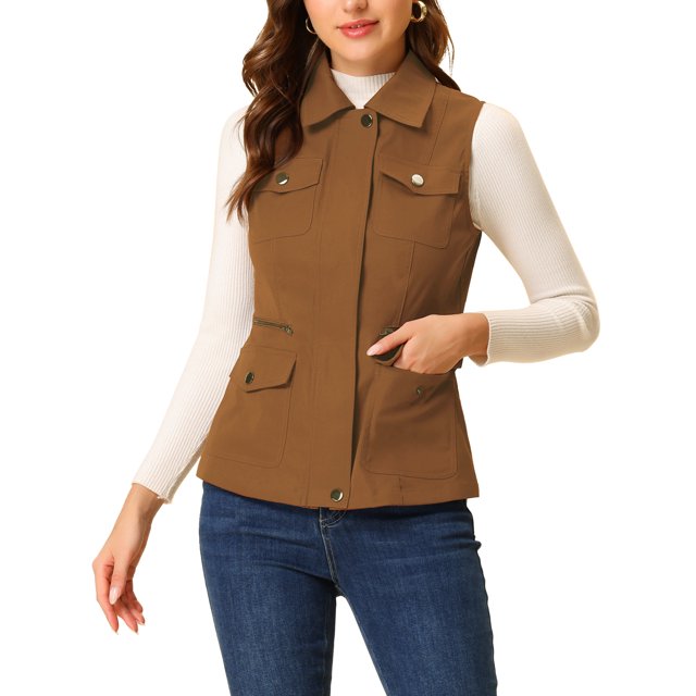 INSPIRE CHIC Veste Zippée pour Femme Sans Manches Anorak Gilet Utilitaire Veste avec Poches P Brun