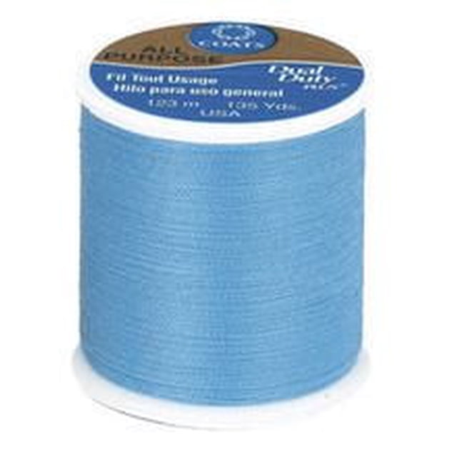 Coats & Clark All Purpose Polyester Thread spool in blue, 123 metre length, made of 100% polyester covered polyester for strength, suitable for hand and machine sewing on knits and woven fabrics, shown front-facing on white background, also often used for craft projects requiring durable thread.
