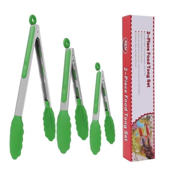 Unique Bargains Kitchen Tong Set Silicone Tips Stainless Steel Cooking Tongs 3Pcs Green