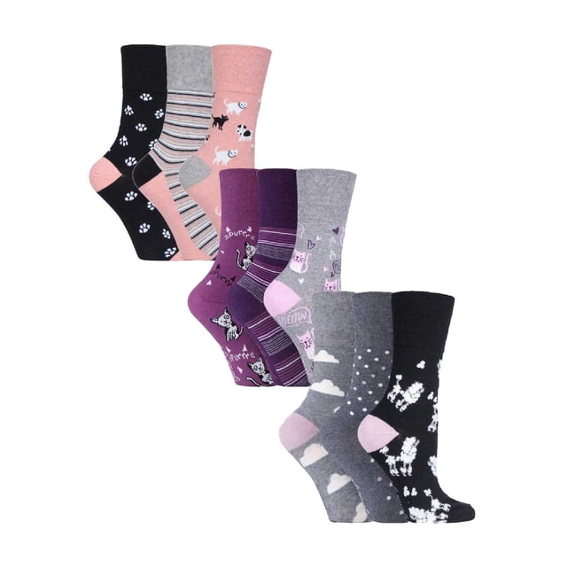 Gentle Grip 9 Pairs Ladies Cotton Soft Top Patterned Non Elastic Crew Socks. This value pack includes nine pairs of women's socks in various fun patterns, such as cats, dogs, floral, hearts, and more. Made from a cotton-rich blend, these socks feature a Gentle Grip honeycomb top for improved circulation and comfort, especially for those with circulatory issues or swollen feet. The socks are designed with flat toe seams for added wearability and come in a one-size fit for women (UK 4-8, EUR 37-42, US 5-9).