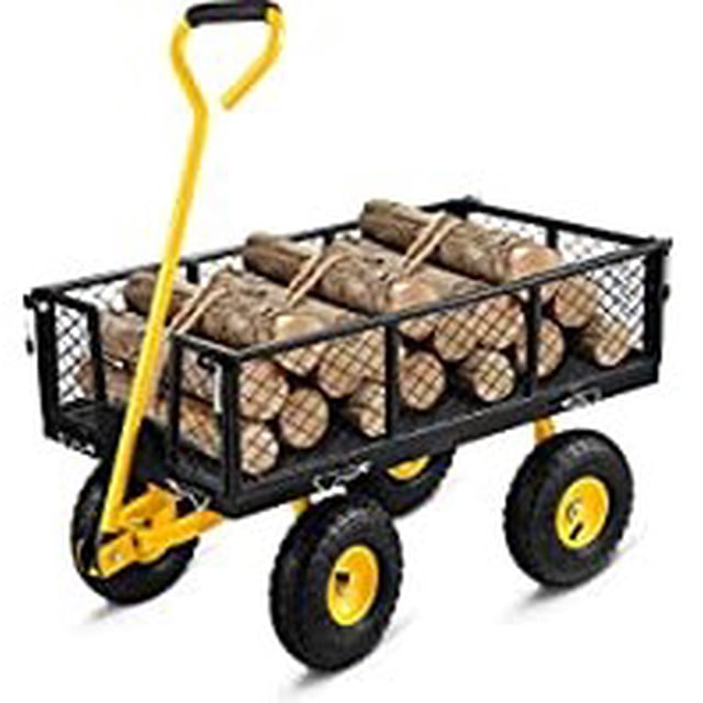 Utility Garden Cart Wagon for Lawn with a heavy-duty steel frame and 400 lb weight capacity. Features removable side panels, a long handle with a comfortable grip, and 10-inch rubber tires for easy maneuverability over various terrains. The cart is shown carrying logs, highlighting its versatility for gardening and home improvement tasks. The black and yellow design adds a functional and durable aesthetic.