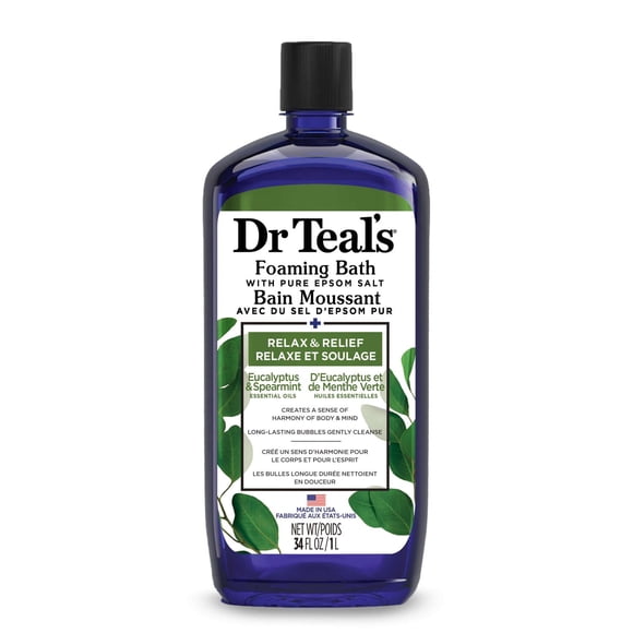 Dr Teal’s Foaming Bath with Pure Epsom Salt, Relax & Relief with Eucalyptus & Spearmint, 34 fl oz