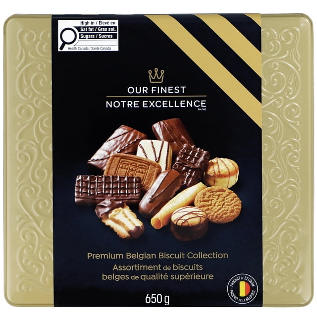 Our Finest Premium Belgian Biscuit Collection 650g metal tin with embossed gold sides and black lid, containing an assortment of chocolate-coated and spiced Belgian biscuits including crispy and creamy varieties, product of Belgium with Health Canada nutritional warnings.