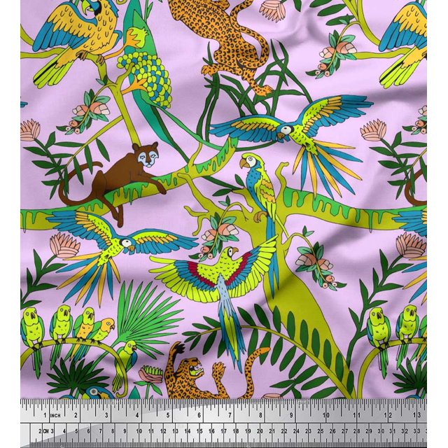 Soimoi Rayon Fabric Branches,Parrot & Leopard Jungle Printed Fabric 1 Yard 42 Inch Wide