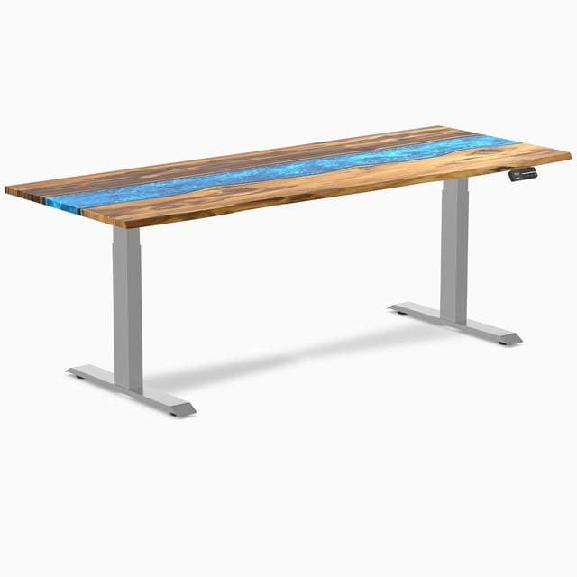 Desky Bureau Assis-Debout en Bois Dur à Résine Double - Rivière Bleue en Teck / 80 x 30 Pouces / Gris