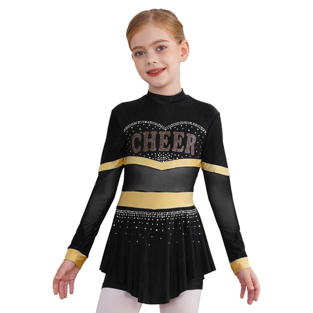 iiniim Enfants Filles Paillettes Uniforme de Cheerleading Tenue de Cheerleader Robe de Danse Scintillante Justaucorps Tenue de Performance de Danse Noir 10