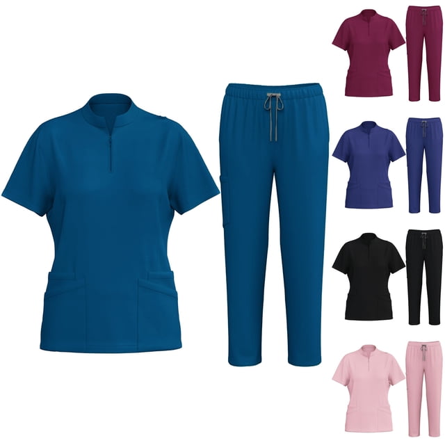 Sentmoon Plus Size Two Piece Sets for Women Short Sleeve Crew Neck Tunic Women's Solid Color Pocket With Elastic Drawstring Waist Long Pants Dry Cleaning Hand Clothes Nurse Clothes Set Suit