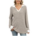 thumbnail image 1 of AherBiu Womens Tops Ribbed Knitted Long Sleeve Trendy Loose Tops Comfy Fall Collared Shirts Blouses, 1 of 7
