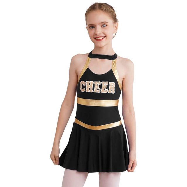 vastwit Tenue d'Uniforme de Cheerleading pour Filles Sans Manches Robe à Imprimé de Lettres Costume de Performance de Danse Noir 10