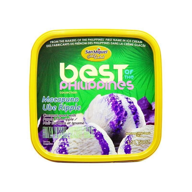 San Miguel Gold Label Ice Cream Ube Macapuno in Tub, 1.5 L yellow container with white ice cream featuring purple ube ripple and chewy macapuno coconut sport bits, part of the Best of the Philippines frozen dessert collection, suitable for enjoying Filipino-inspired global ice cream flavours.