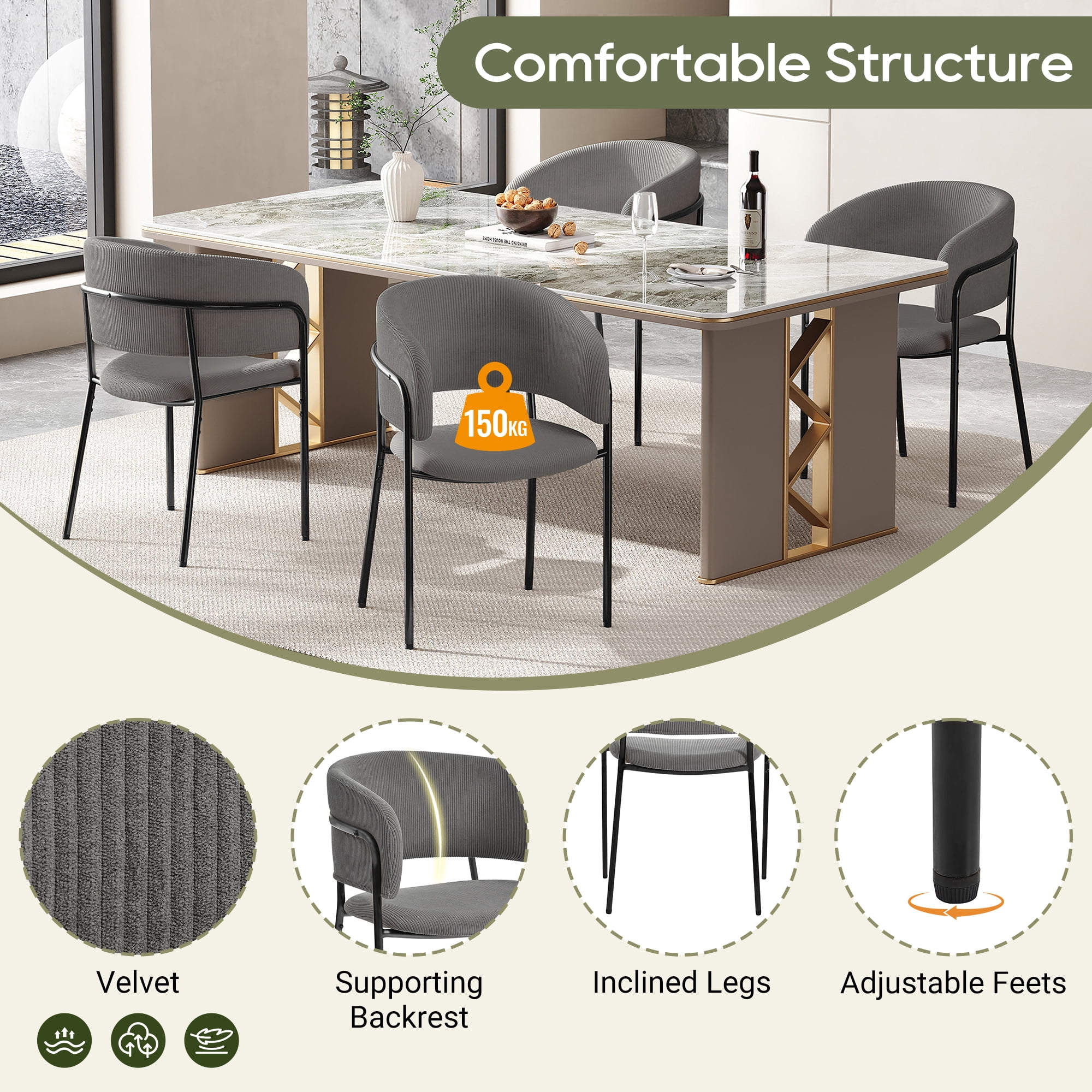 Ensemble de 4 chaises d'appoint modernes Noble House HORIZON avec pieds inclinés et pieds réglables (gris)
