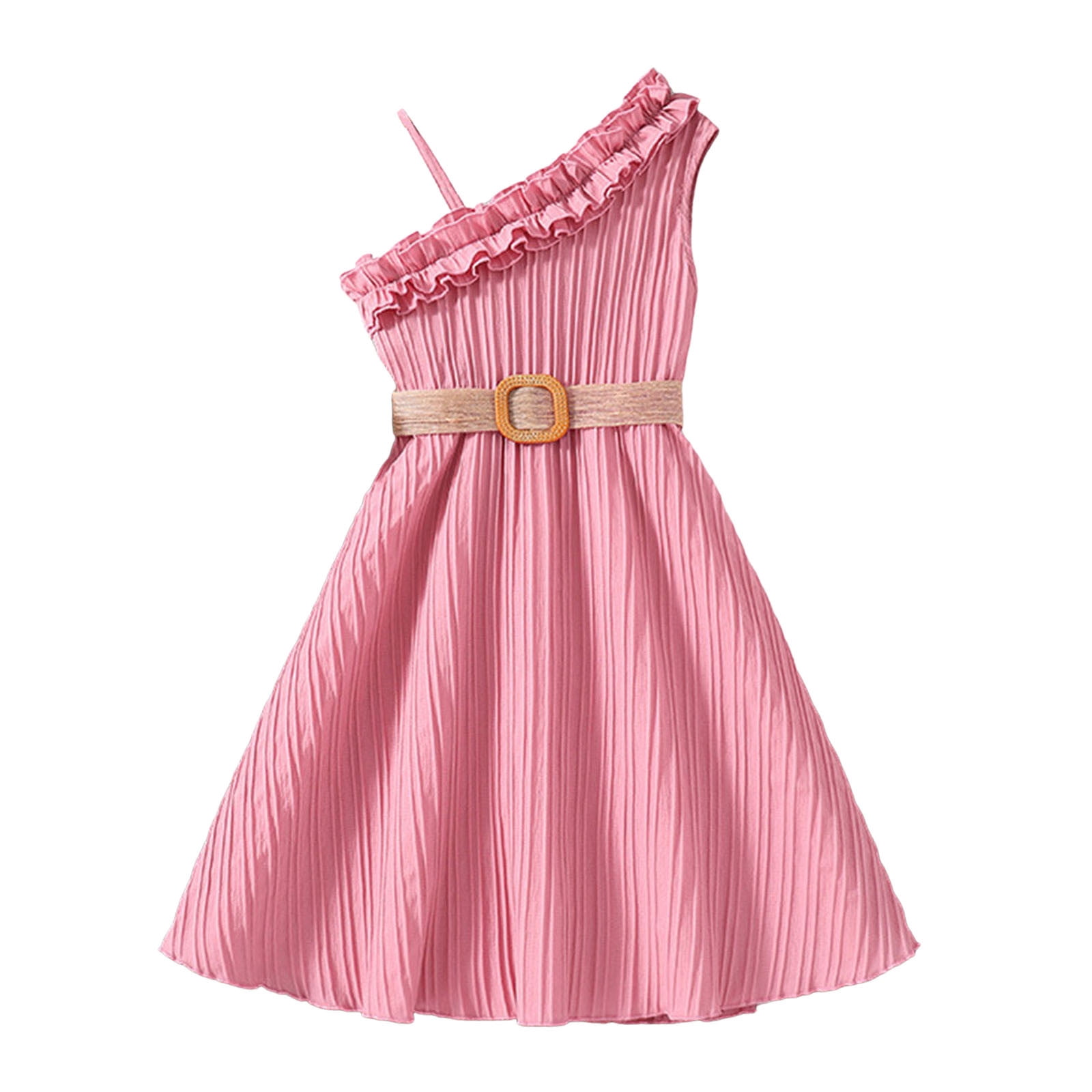 ZHUASHUM Girl Dress Cute Children Spring Summer Strap Ruffles Solid Color Sleeveless Casual Dress With Belt Pink,4-5 Years