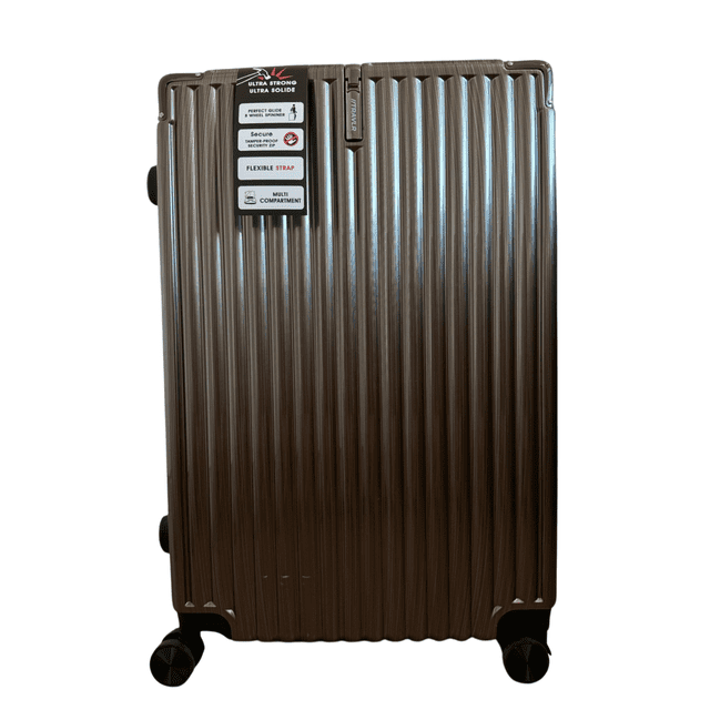 TRAVLR Valise Rigide Strokes Medium (25 Pouces) en Brun avec Capacité Extensible et Fini Texturé Anti-Rayures. Conçue pour le Voyage, Elle Comprend Huit Roues Pivotantes Silencieuses, un Verrou Latéral Approuvé TSA et une Coque durable en ABS+PC. Comprend une Poignée Télescopique Ergonomique et un Intérieur Organisé avec des Sangles Croisées et des Compartiments Zippés.