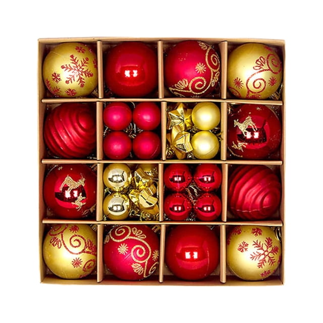 Pisexur Christmas Balls Ornaments for Xmas Tree, a set of 44 shatterproof decorations in red and gold. The ornaments include various designs such as glitter patterns, smooth finishes, and ribbed textures. Each ball comes with a lanyard for easy hanging, ideal for Christmas trees, parties, weddings, and other festive occasions. Packaged in a divided box for organized storage.