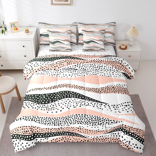 YST Geometric Wave Comforter Set, 7-Piece, Black White Pink Abstract, Twin