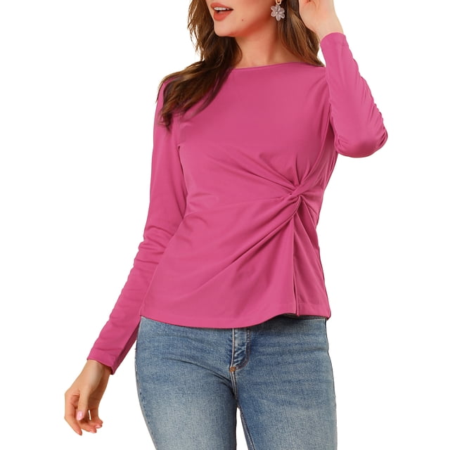 INSPIRE CHIC Women's Round Neck Front Twist Long Sleeve Blouse Tops