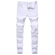 Men's Jeans Male Ripped Jeans Solid Color Ripped Pants Slim Knee Ripped Stretch Casual Jeans Jeans Homme White 38
