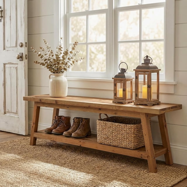 Tribesigns Solid Wood Entryway Bench, 62.99" Long Shoe Bench with Storage Shelf for Entryway, Living Room