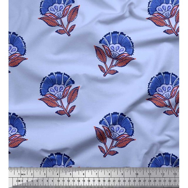 Soimoi Poly Georgette Fabric Leaves & Floral Block Printed Fabric 1 Yard 42 Inch Wide