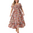 thumbnail image 1 of GRACE & GRANDEUR Robe Maxi Bohème à Fleurs pour Femme Grande Taille, Manches Courtes, Encolure Carrée, Smockée, 2X Rouge, 1 of 6