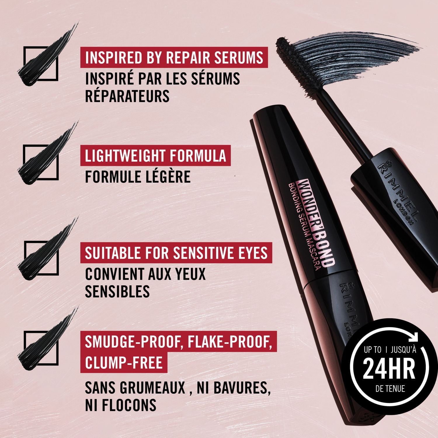 Wonder Bond Bomb, Mascara, Mascara allongeant, Mascara au sérum liant, Sans bavure, Sans grumeaux, Renforce les structures de kératine