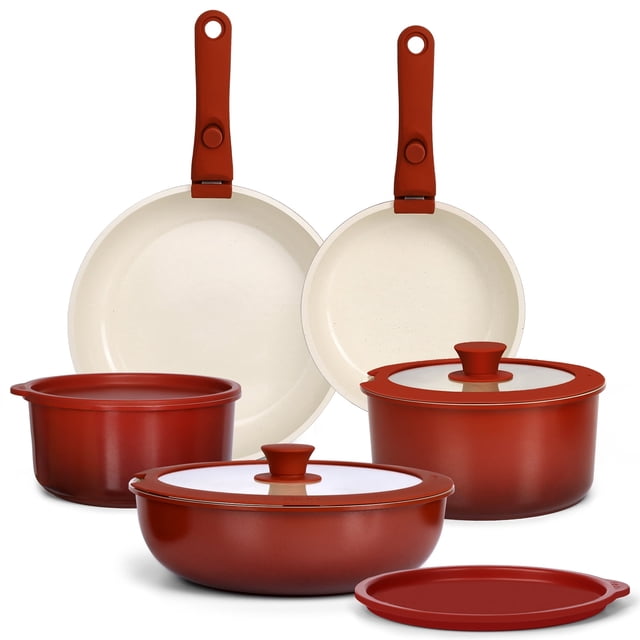 GIPP 11pcs Cookware Sets, Pots and Pans Set Non Stick with Removable Handle, Oven & Dishwasher Safe,Induction Cookware, Kitchen Cooking Set for RV Trips and Camping,Red