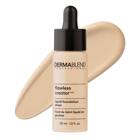 Dermablend Flawless Creator Lightweight Foundation 10N, a 30ml bottle of liquid foundation drops with a dropper applicator. The product is displayed alongside a beige foundation swatch, highlighting its smooth texture. Designed for full coverage, it features an oil-free, non-comedogenic formula with pure pigments and silica for oil control. Suitable for standalone use or mixing with skincare for customizable coverage.