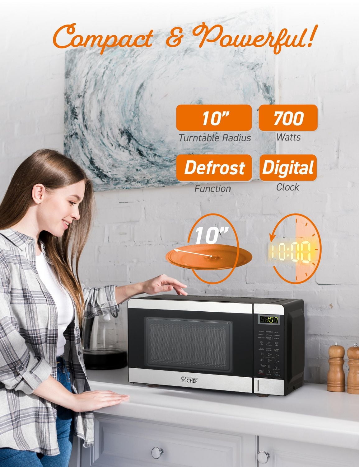 COMMERCIAL CHEF Micro-ondes de 0,7 pied cube avec 10 niveaux de puissance, petit micro-ondes avec bouton poussoir, micro-ondes de comptoir 700 W jusqu'à 99 minutes, minuterie et affichage numérique, a