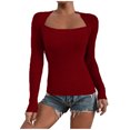 thumbnail image 1 of CEHVOM Femmes Ajusté Décontracté Uni Manches Longues Col Carré Chemises de Base Blouses Chaudes Hauts, 1 of 5