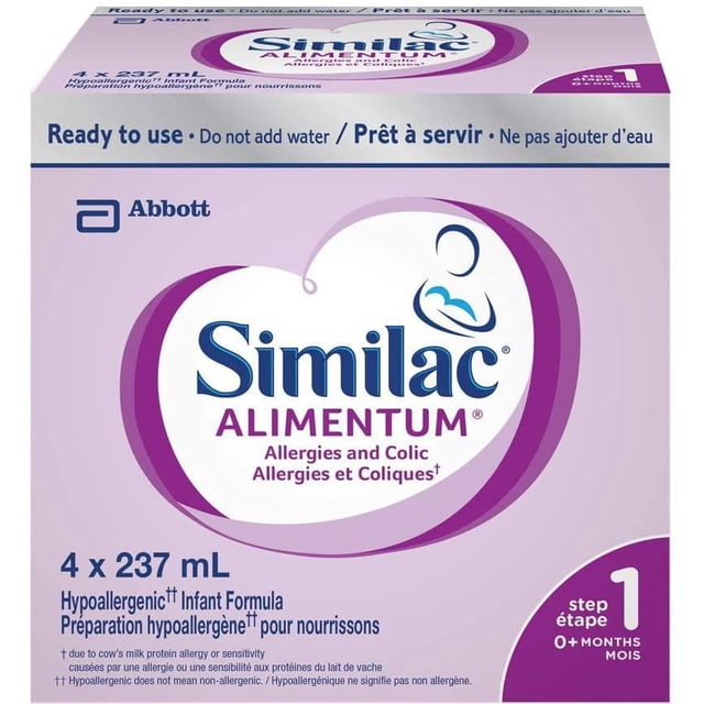 Similac Alimentum Préparation pour Nourrissons Hypoallergénique Prête à l'Emploi, Paquet de Préparation pour Nourrissons Contenant 4 Boîtes de 237 Millilitres Chacune, Conçue pour les Bébés de 0+ Mois Souffrant d'Allergies et de Coliques due à la Sensibilité aux Protéines du Lait de Vache, Comprenant des Protéines Largement Hydrolysées pour une digestion Facile et Étiquetée en Anglais et en Français.