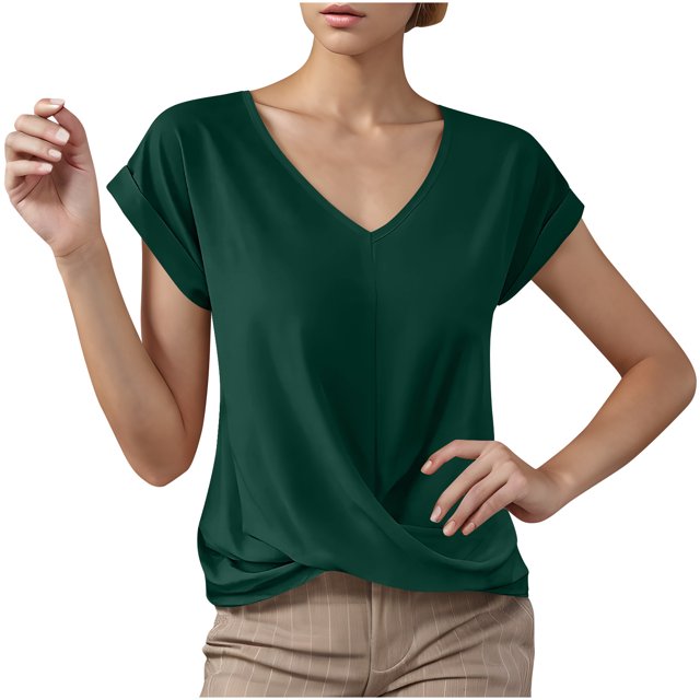 Summer T Shirts for Women V-Neck Short Sleeve Casual Tops Solid Color Basic Tees