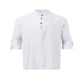 thumbnail image 2 of Men‘s Henley Shirt  Solid Color Long Sleeve Stand Collar Button-Down Loose Simple Linen Beach Tops, 2 of 4
