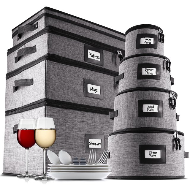 StorageBud 8pc Dinnerware Storage Container Set with Dividers, for Plate, Cup, Flatware, Stemware, & Platter Sets, Securely Padded, Hard Shell & Stackable, Handles & Zippers for Transport