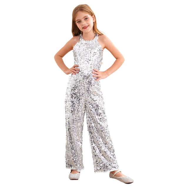 Choomomo Combinaison à Sequins pour Filles, Col Halter, Sans Manches, pour Fête, Danse Formelle, Argent 12