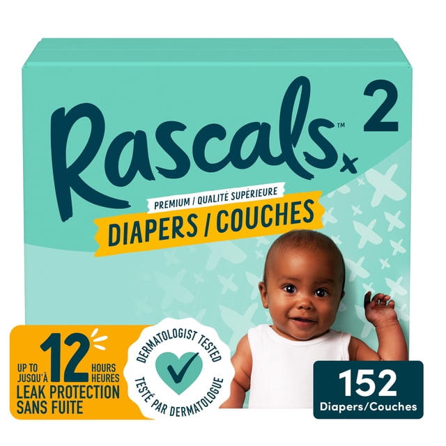 Rascals Premium Couches pour Bébé Absorbantes Taille 2 carton Contenant 152 Couches dans un Emballage Turquoise avec Texte Bleu Marine et Jaune Mettant en Valeur jusqu'à 12 Heures de protection contre les Fuites et Matériaux Hypoallergéniques Testés par des Dermatologues pour Peau Sensible des Nourrissons.