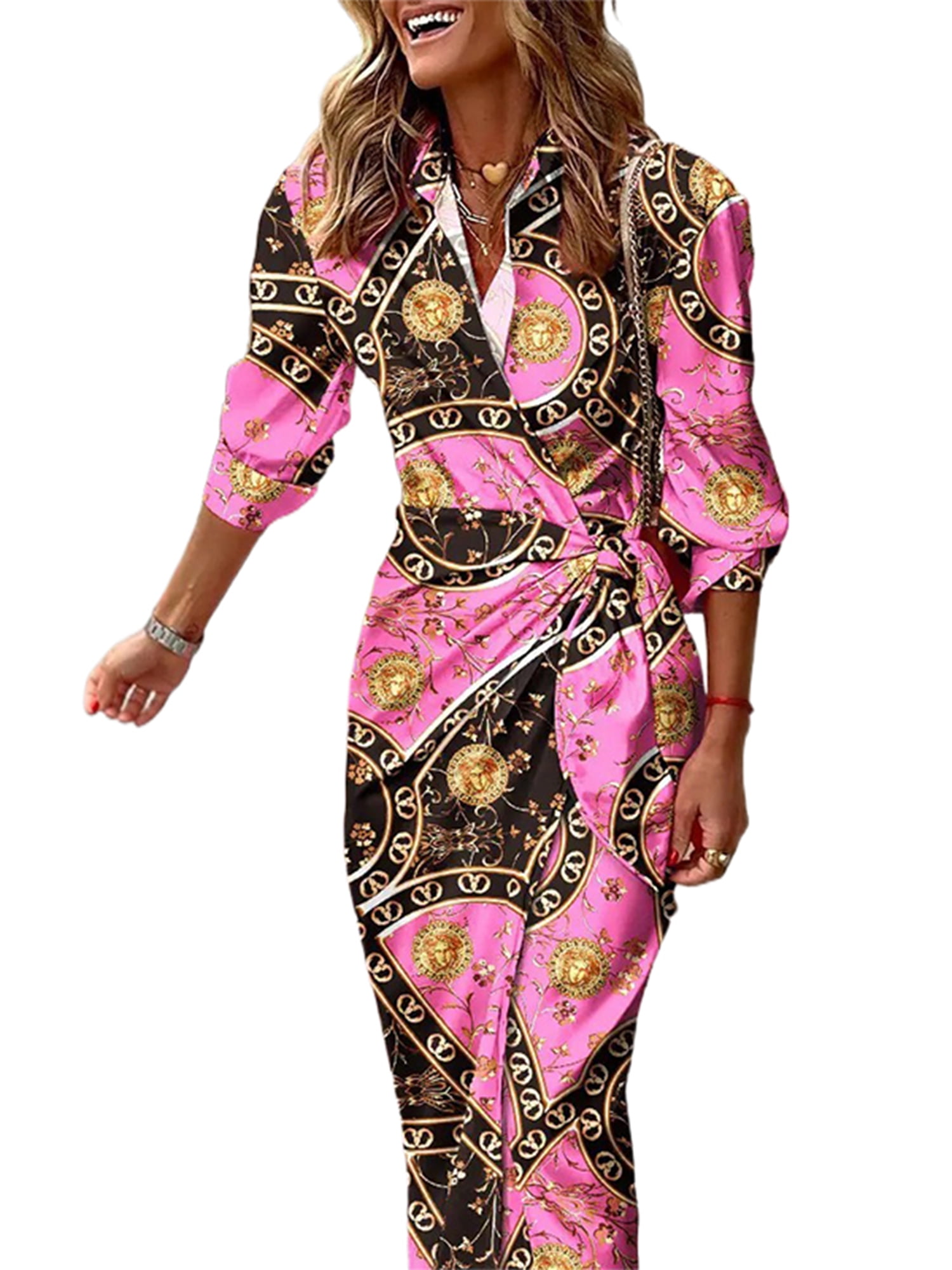 Sexy Dance Robes pour Femmes Imprimé Floral Été Plage Robe d'Été Géométrique Longue Robe Col en V Manche 12 Rose P