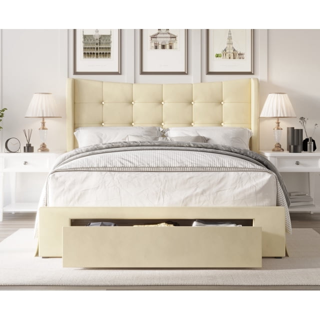 HMD Bennett Lit Grand Capitonné Rembourré avec Rangement à Panneaux, Beige