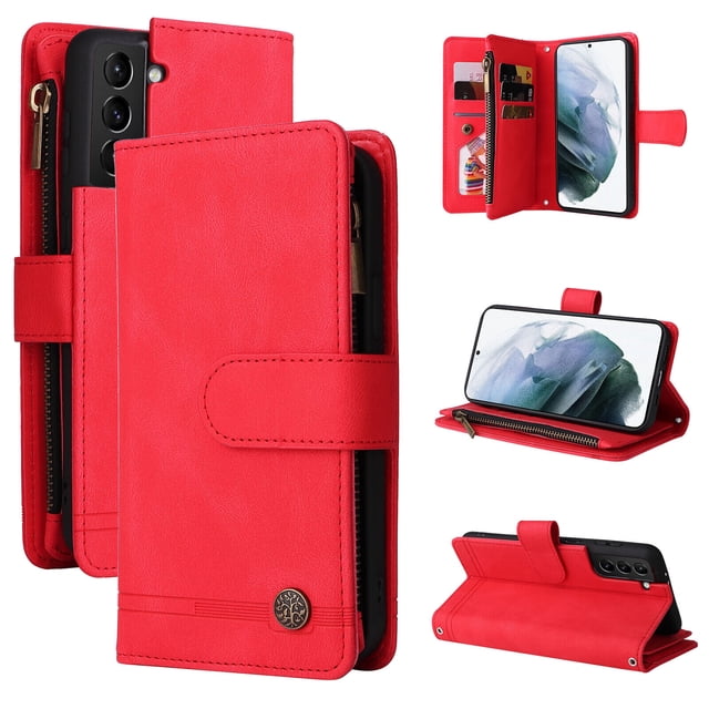 Case for Samsung Galaxy S21 5G Cover Zipper Pocket Wallet Case Magnetic Protective - Red