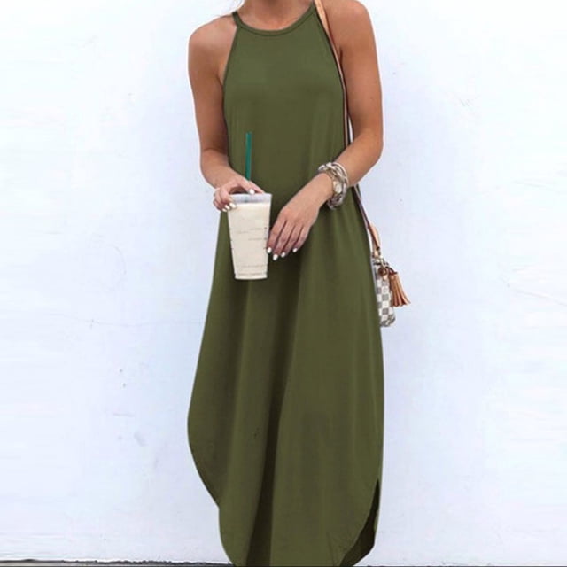 Pisexur Robe d'Été pour Femme Ample Unie en Coton et Lin, Robe Chemise Sans Manches à Col Licou avec Volants Superposés, Robe Maxi Bohème Décontractée et Fluide. la Robe Est Montrée en Vert olive avec Encolure Licou, design Sans Manches et silhouette Ample et Fluide. Style Décontracté avec Accessoires, Elle Est Idéale pour le Port Quotidien au Printemps, en Été Ou en Automne.