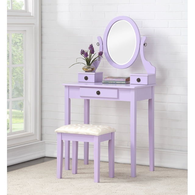Roundhill Furniture Moniys Wood Moniya Makeup Vanity Table and Stool Set, Purple