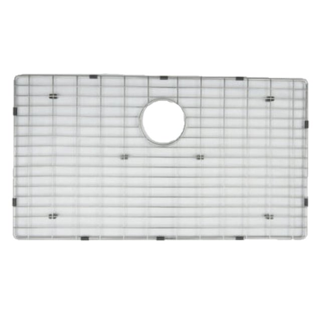 American Imaginations 25-in. W Laundry Sink Grid AI-34880, a rectangular stainless steel sink grid with chrome finish and black hardware, featuring a central circular drain cutout, designed for drop-in laundry sinks, also suitable for protecting sink surfaces from scratches.