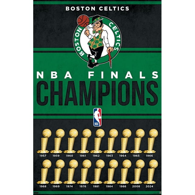 NBA Celtics de Boston - Affiche Murale Champions 24 Présentant le logo leprechaun des Celtics de Boston, Texte Audacieux des Finales NBA Champions et 24 Trophées de Championnat NBA Dorés avec des Années de 1957 à 2024 sur un Fond Lustré Vert et Noir, Idéal pour la Déco de Chambre de fan de sports.